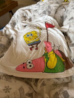 SpongeBob SquarePants White Long Sleeve Tee with Yellow, Pink & Green Graphics